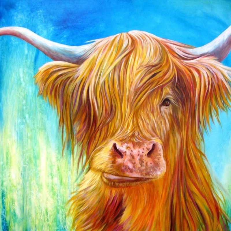 Vibrant Highland Cow Oil Painting Wall Art