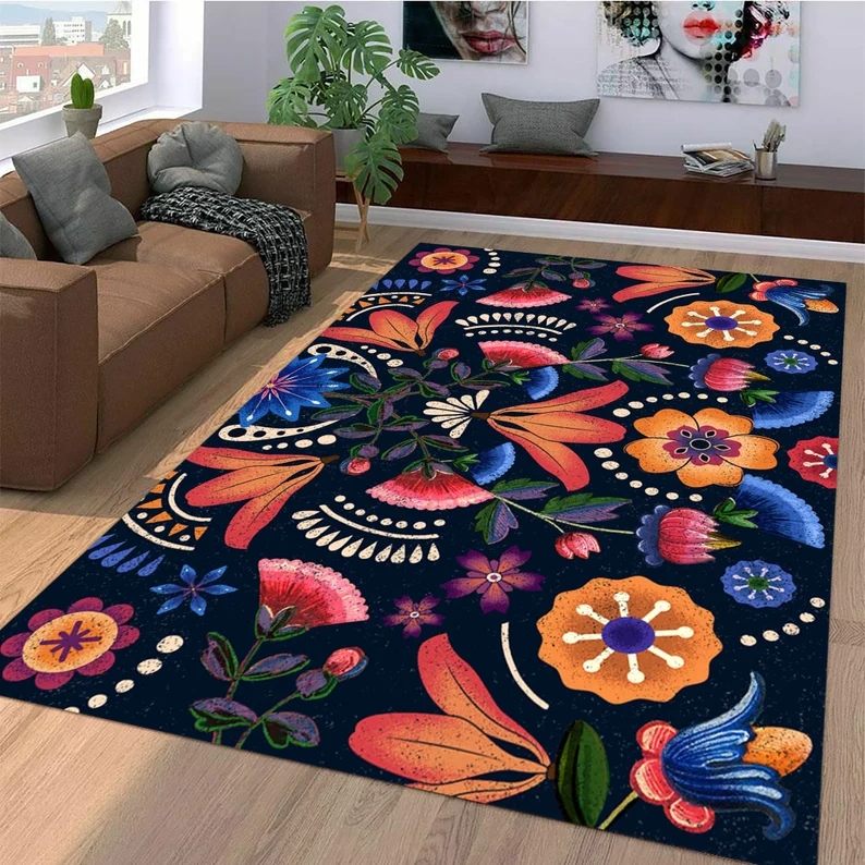 Vibrant Mexican Floral Rug in Modern Living Room