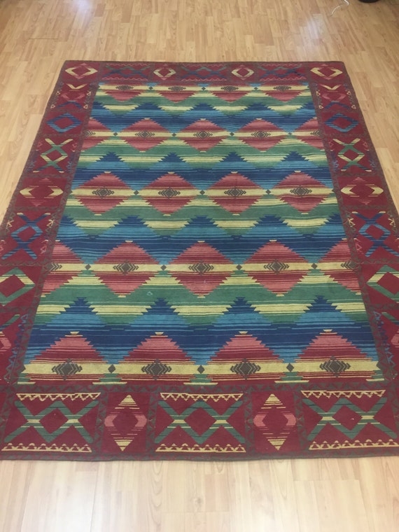 Vibrant Mexican Kilim Rug with Geometric Patterns