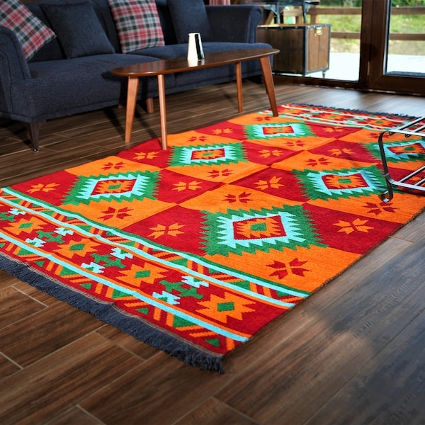 Vibrant Mexican Rug with Geometric Patterns