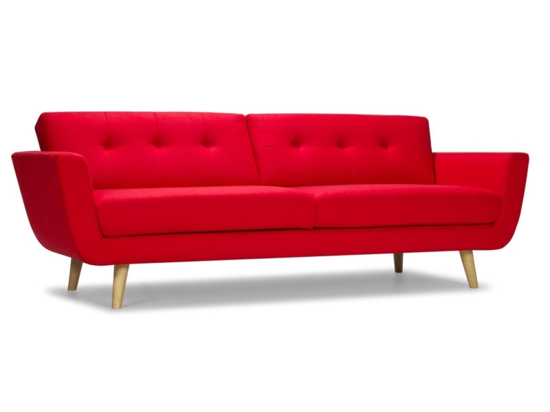 Vibrant Red Mid-Century Modern Sofa with Wooden Legs