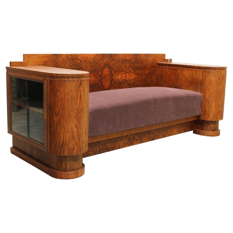 Vintage 1930s Art Deco Wooden Sofa with Glass Shelves