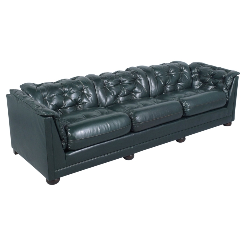 Vintage 1960s Dark Green Leather Tufted Sofa