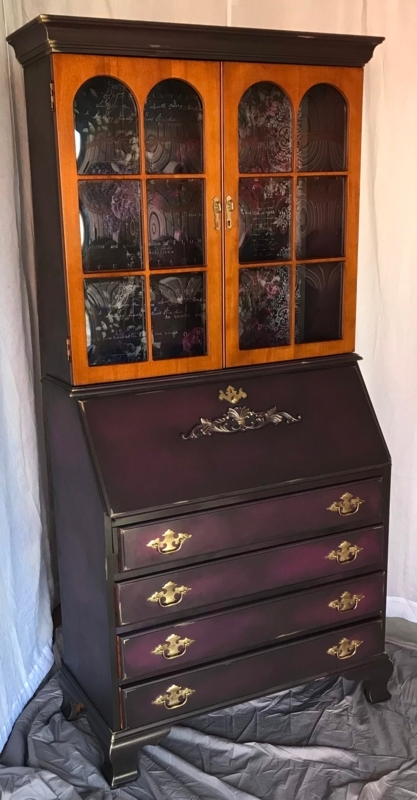 Vintage Antique Secretary Desk with Glass Display Hutch