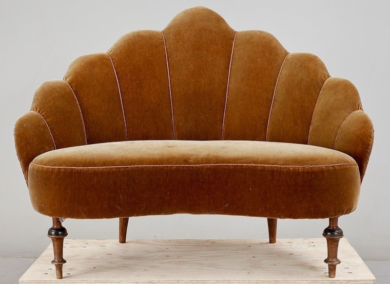 Vintage Art Deco Brown Velvet Shell Sofa
