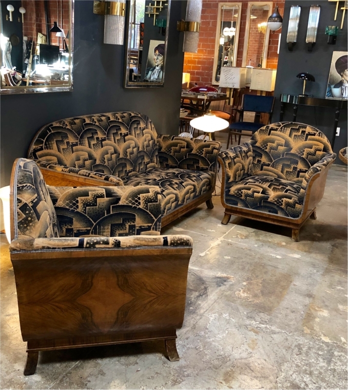 Vintage Art Deco Cotton Velvet Sofa and Chairs Set