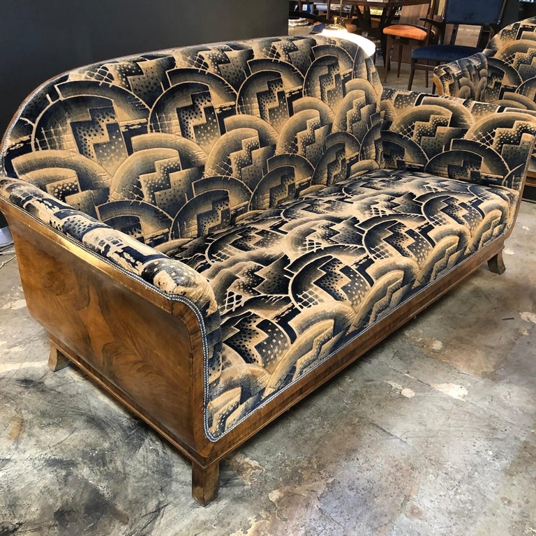 Vintage Art Deco Cotton Velvet Sofa with Wood Frame