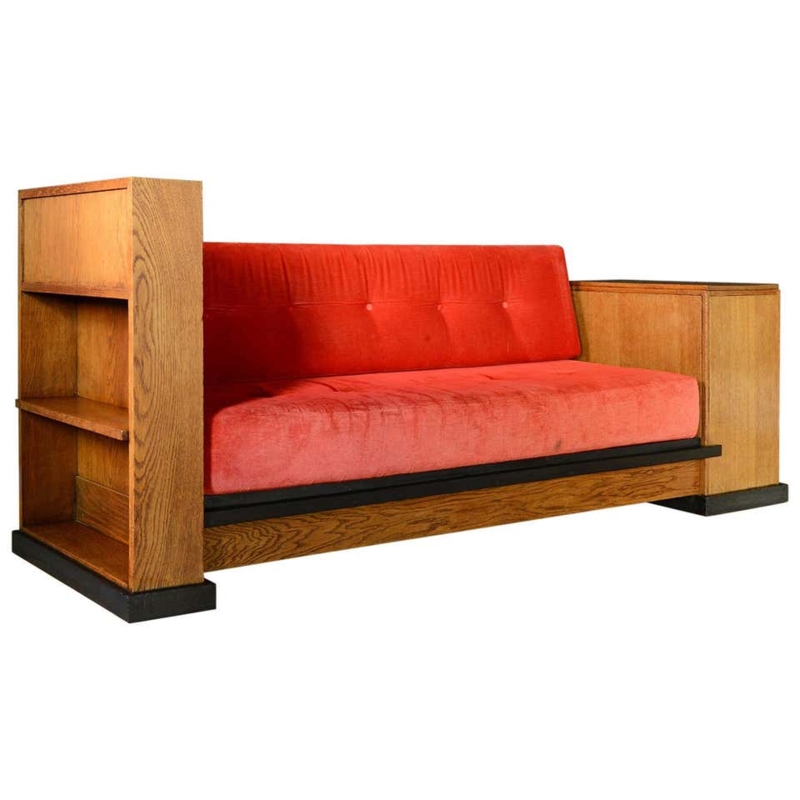 Vintage Art Deco Sofa with Integrated Wood Shelves