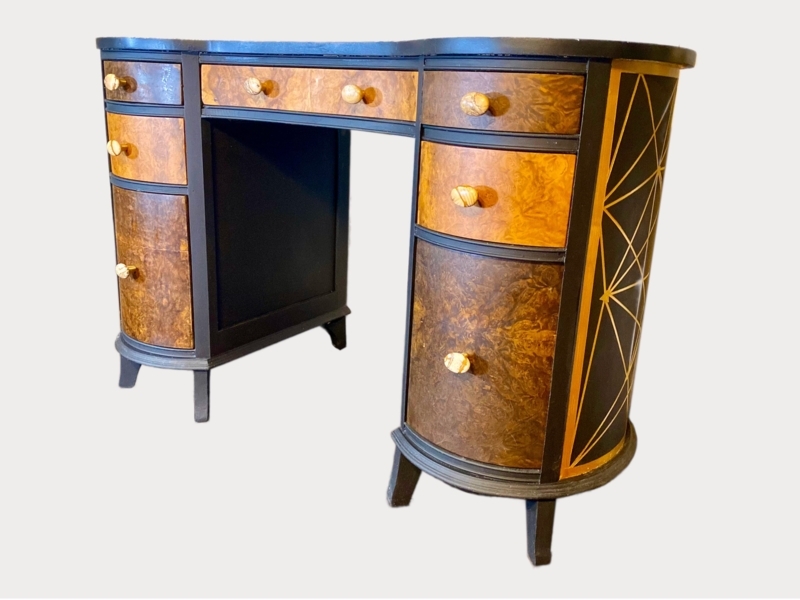 Vintage Art Deco Wooden Desk with Geometric Details