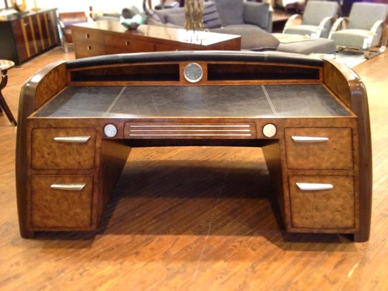 Vintage Art Deco Wooden Executive Desk with Clock