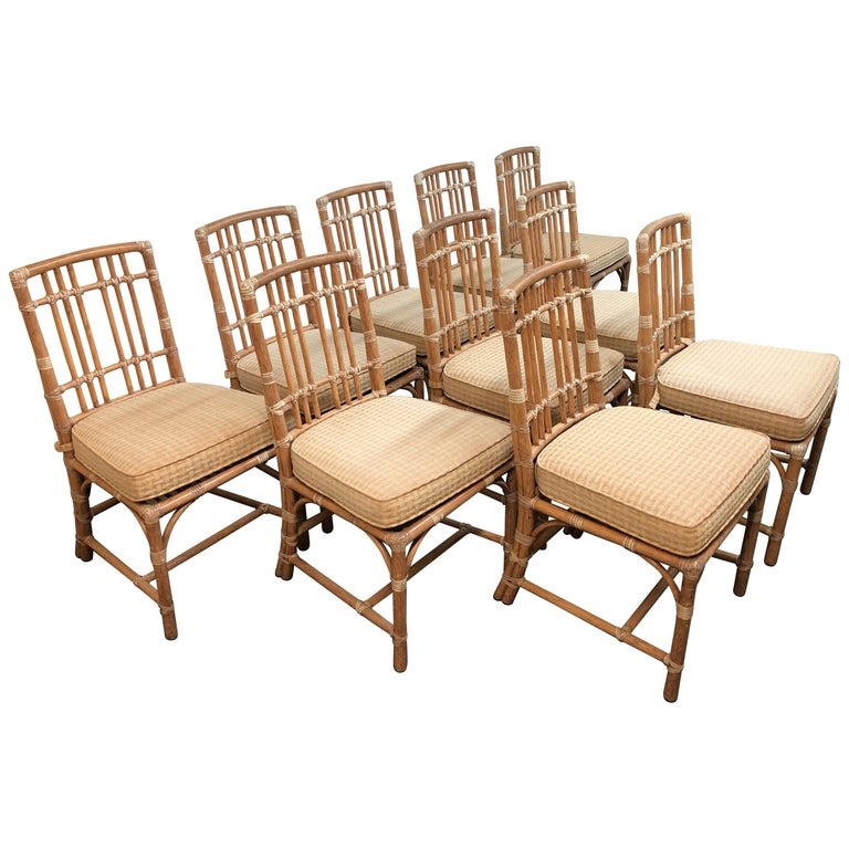 Vintage Bamboo Dining Chairs Set with Cushioned Seats
