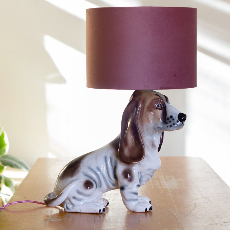 Vintage Basset Hound Dog Table Lamp with Pink Velvet Shade