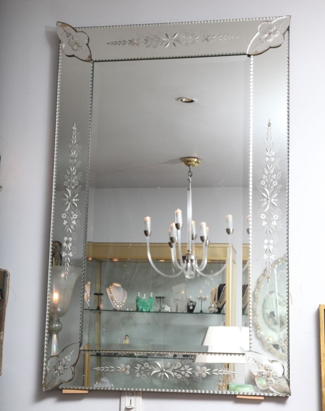 Vintage Beveled Floral Etched Bathroom Wall Mirror
