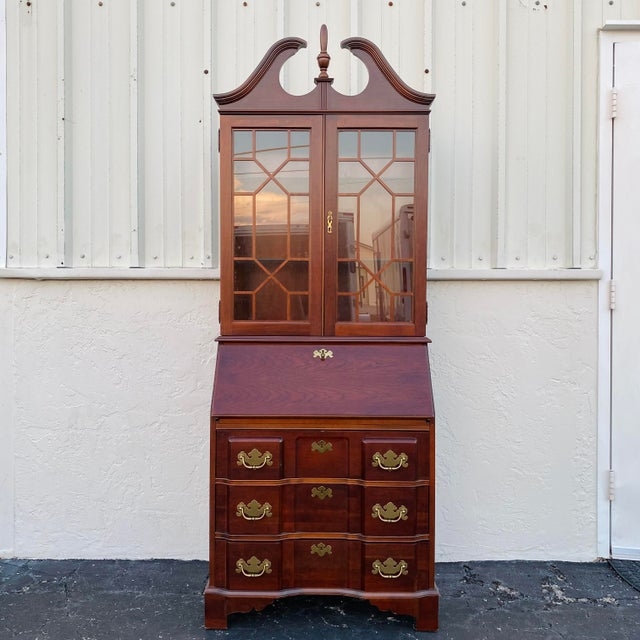 Vintage Cherry Wood Chippendale Secretary Desk with Glass Doors