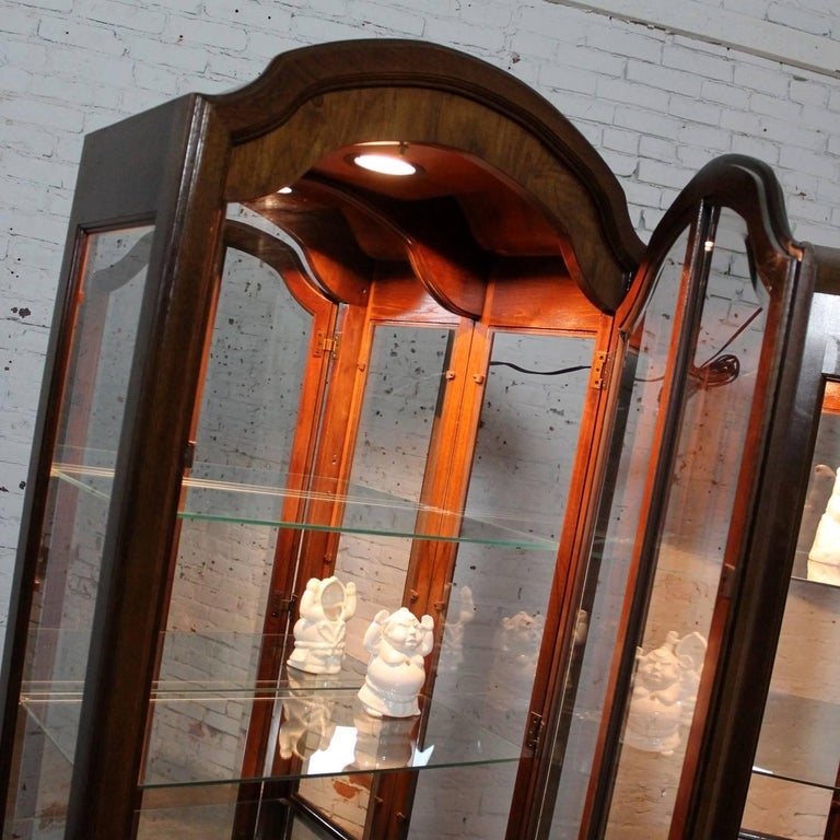 Vintage Dark Wood Lighted Curio Cabinet with Arched Top