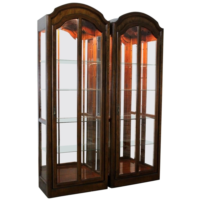 Vintage Dark Wood Lighted Curio Cabinets with Arched Tops