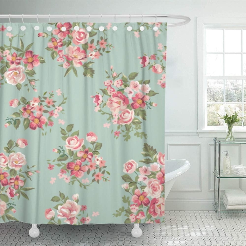 Vintage Floral Blue Shower Curtain with Pink Roses