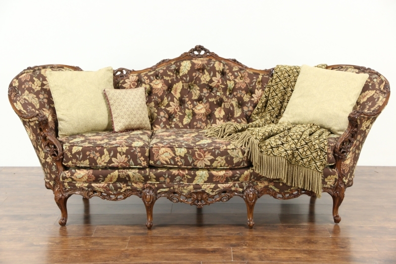 Vintage Floral Carved Wood Sofa with Cushions