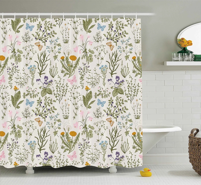 Vintage Floral Shower Curtain with Garden Herbs Design