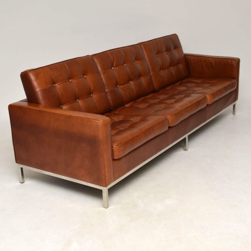 Vintage Florence Knoll Brown Leather Chrome Sofa