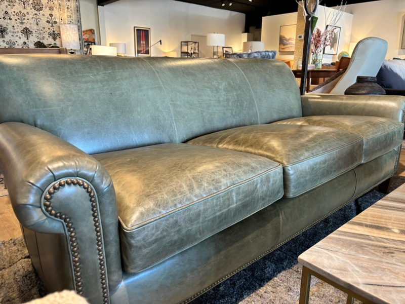Vintage Green Leather Sofa with Nailhead Trim