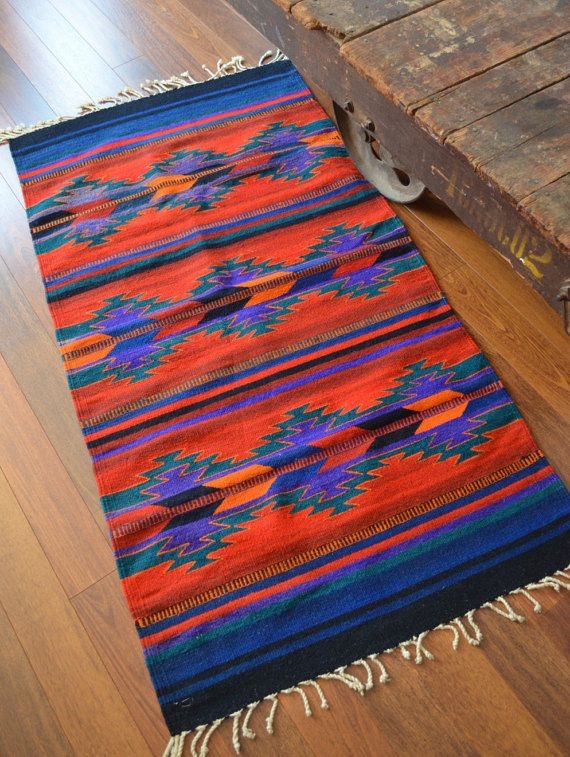 Vintage Mexican Handwoven Aztec Wool Rug