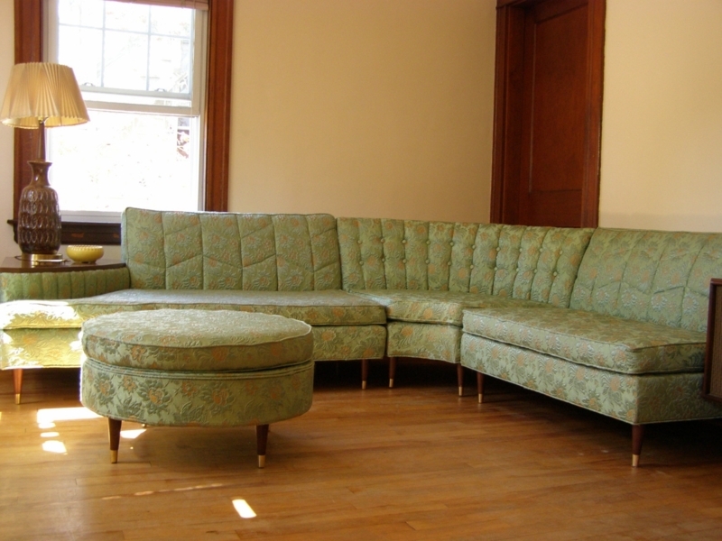 Vintage Mid-Century Green Sectional Sofa with Ottoman