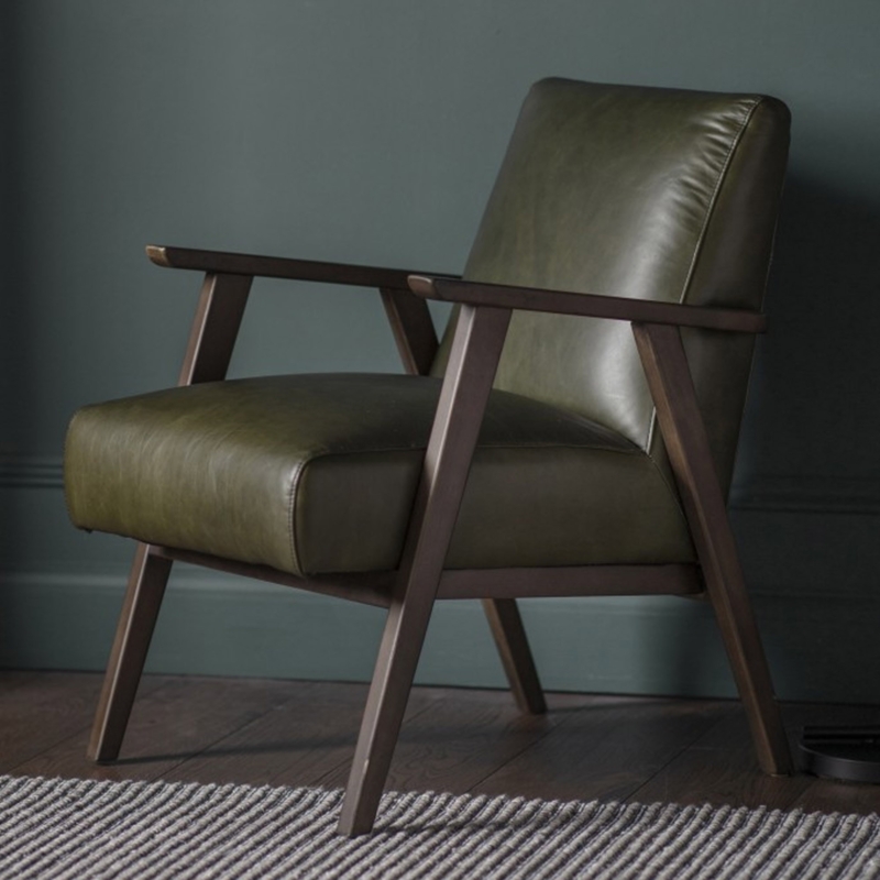 Vintage Olive Green Leather Armchair with Wooden Frame