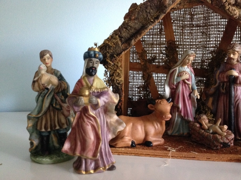 Vintage Porcelain Nativity Set with Rustic Stable