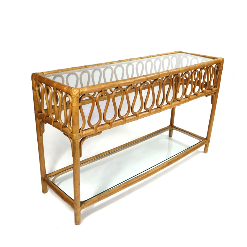 Vintage Rattan Bohemian Console Table with Glass Shelves
