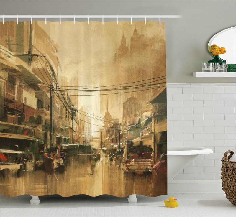Vintage Retro Shower Curtain with Cityscape Design