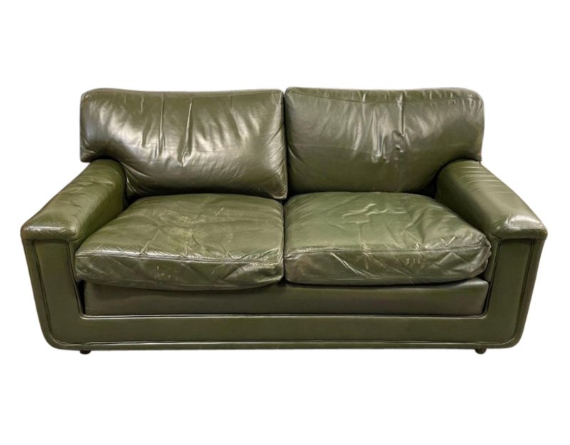 Vintage Sage Green Leather Two-Seater Sofa