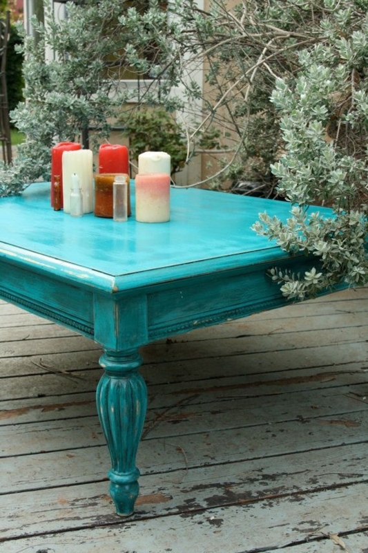 Vintage Teal Blue Distressed Wooden Coffee Table