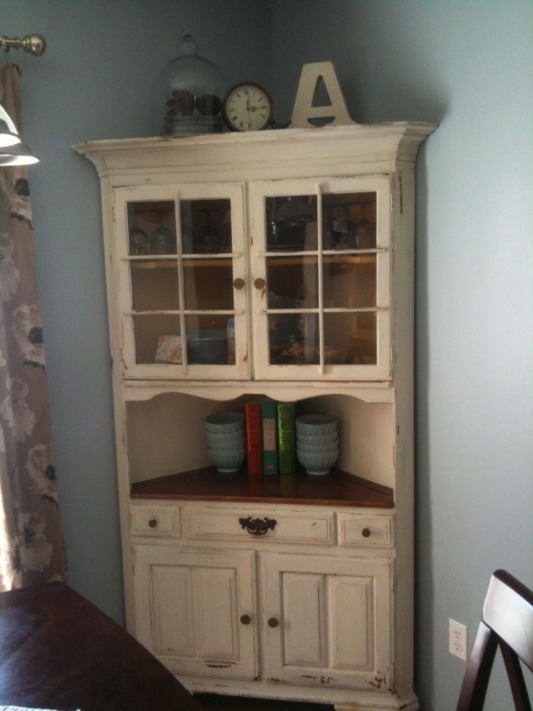 Vintage White Corner Cabinet with Glass Doors