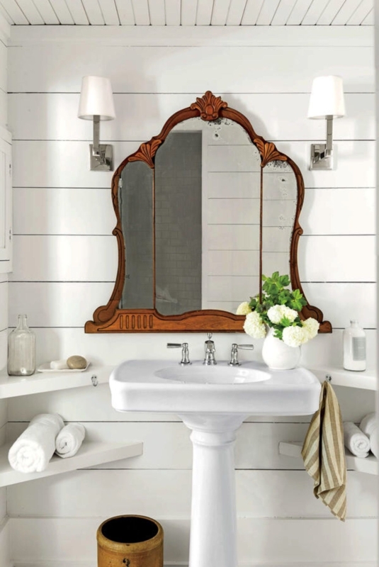 Vintage Wooden Framed Mirror with White Pedestal Sink