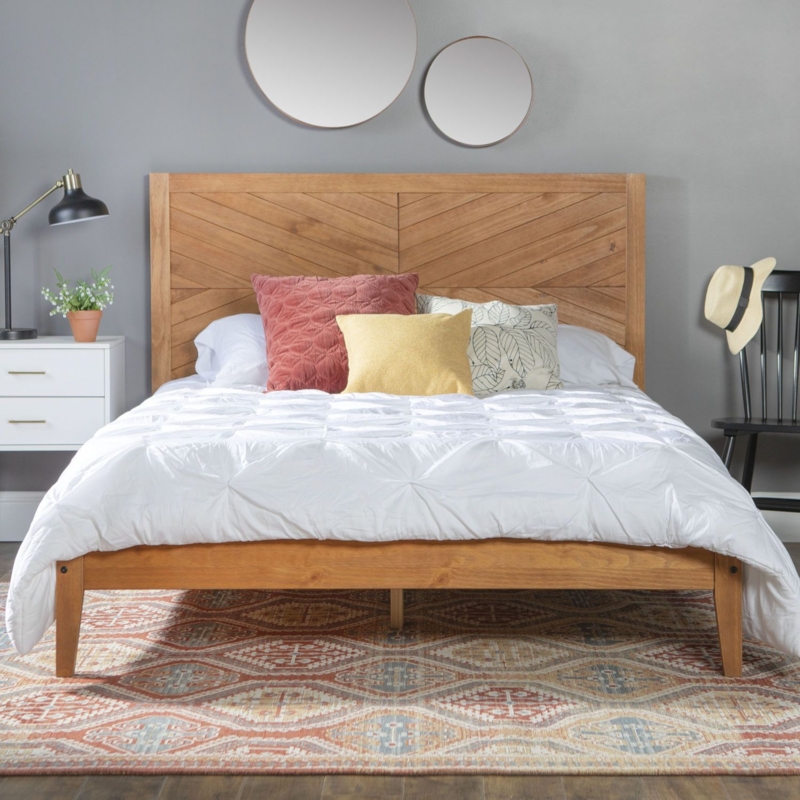 Walker Edison Caramel Wood Queen Bed with Geometric Headboard
