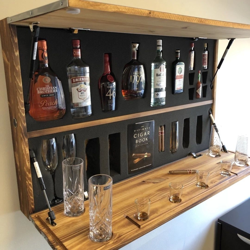 Wall-Mounted Bar Cabinet with Lock and Glass Holder