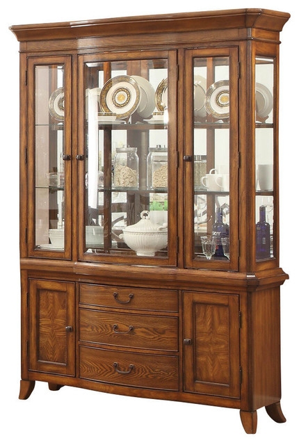 Warm Oak Wooden Buffet Hutch with Glass Display