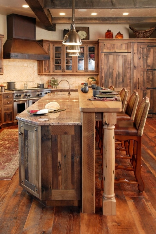 Warm Rustic Wooden Kitchen Island with Seating