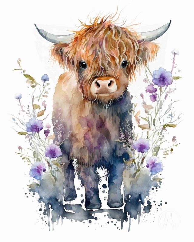 Watercolor Baby Highland Cow with Floral Accents
