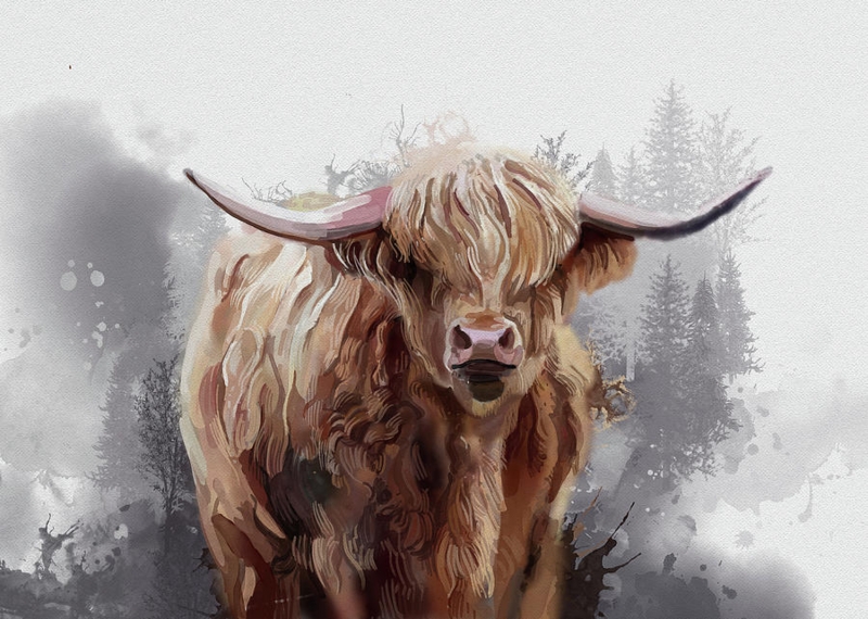 Watercolor Highland Cow Painting with Forest Background