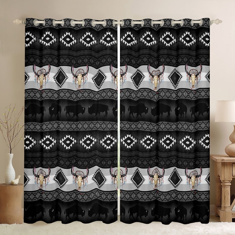 Western Blackout Curtains with Longhorn Skull and Buffalo Design