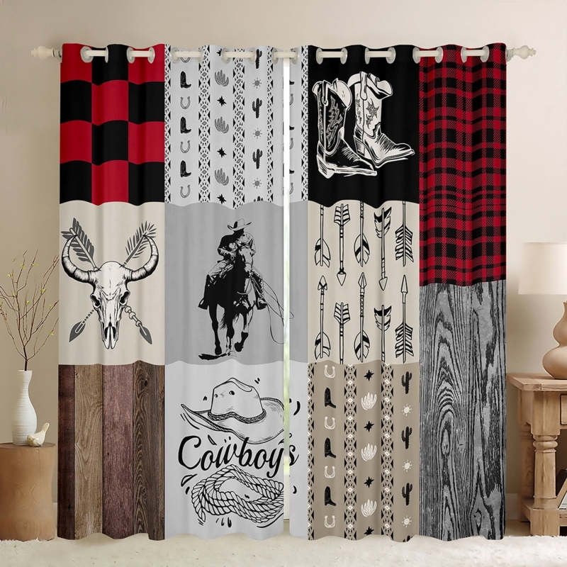 Western Cowboy Themed Buffalo Check and Wood Curtains