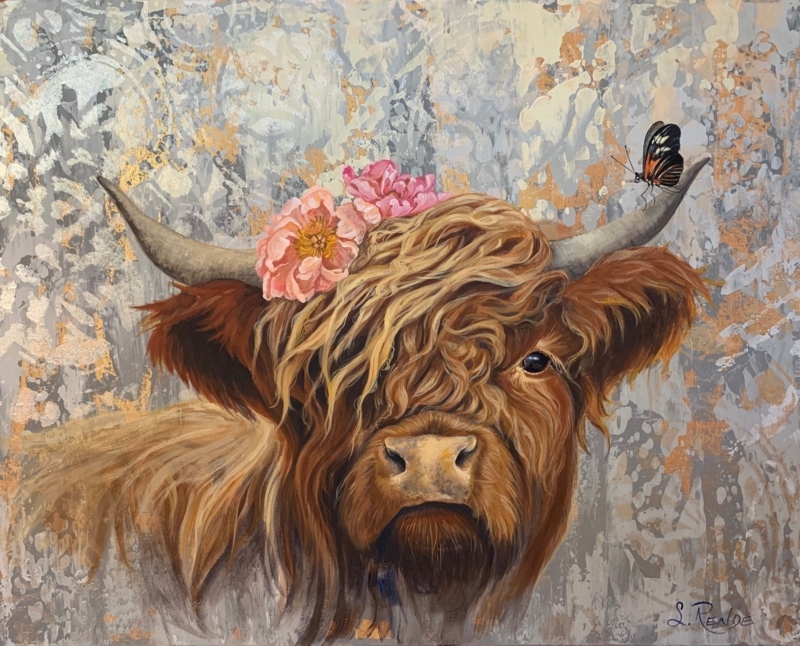 Whimsical Highland Cow Art with Floral Accent