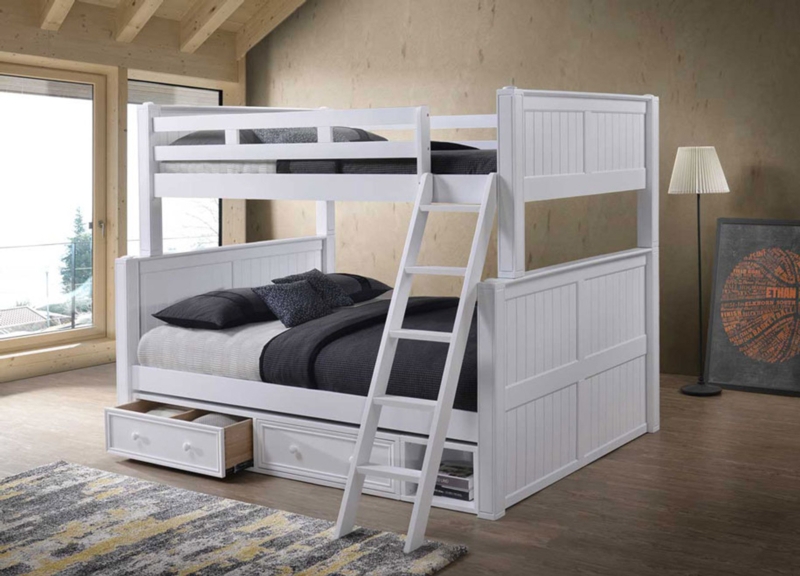 White Beadboard Full Over Queen Bunk Bed with Storage Drawers