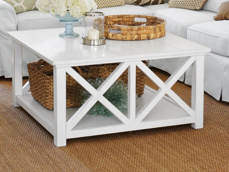 White Coastal Coffee Table with Woven Basket Storage