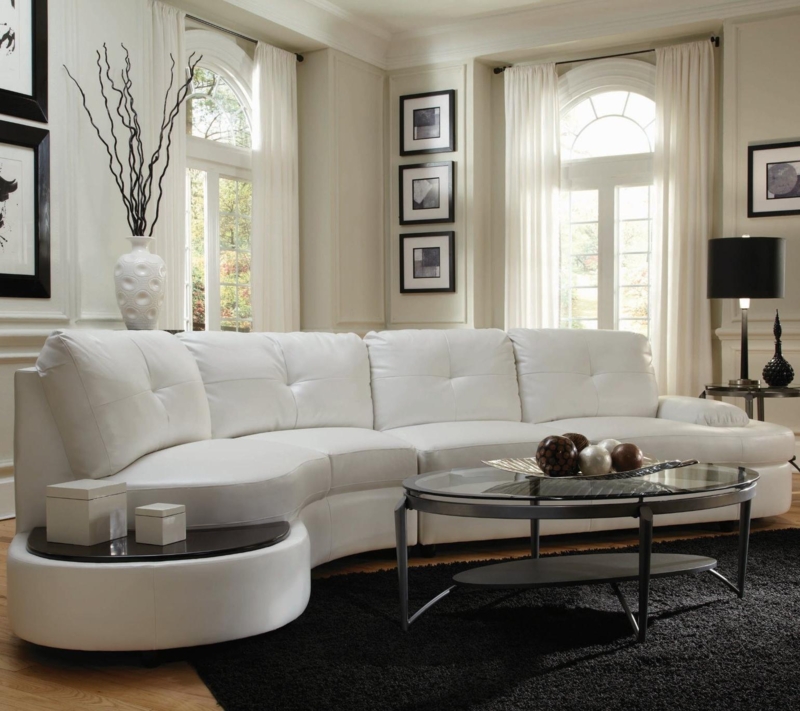 White Contemporary Sectional Sofa with Built-In Table