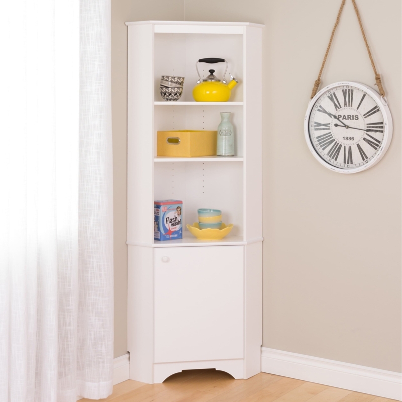 White Corner Cabinet with Open Shelves and Storage