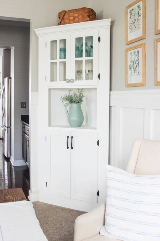 White DIY Farmhouse Corner Cabinet for Dining Room