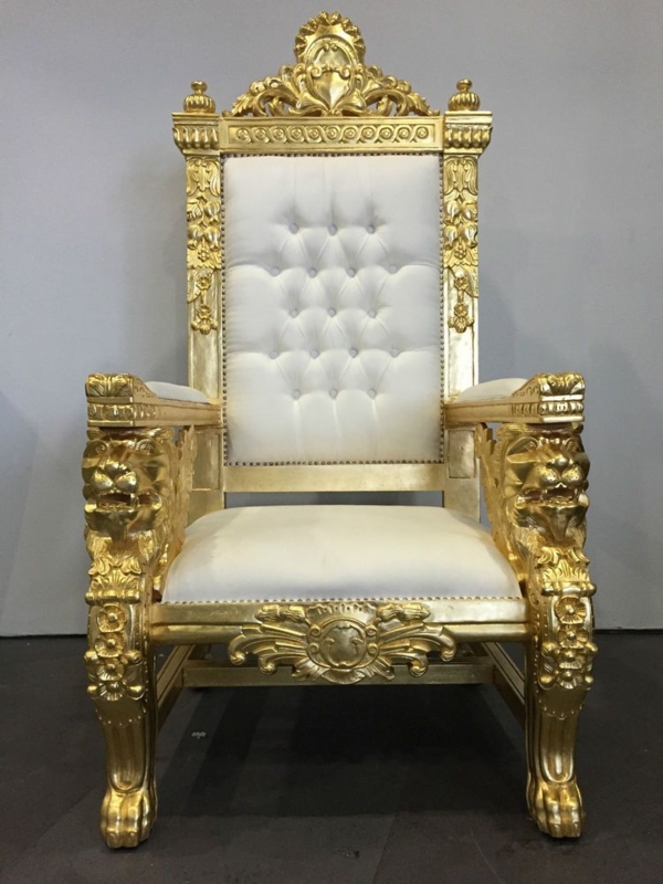 White Gold Hollywood Regency Lion Head King Chair